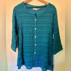 Habitat Blue Stripes Button Down 3/4 Sleeve Crinkle Top